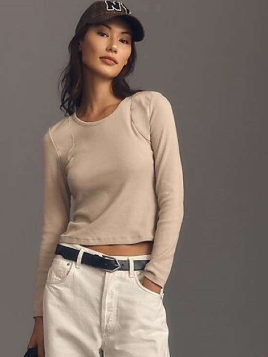 Anthropologie Tops - Anthropologie Maeve Beige Long-Sleeve Ribbed Faux Leather Insert Crew Pullover